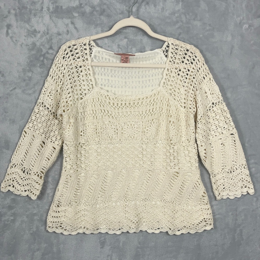 Bandolino Women Crochet Top L Cream Square Neck 3/4 Sleeve Boho Cottagecore
